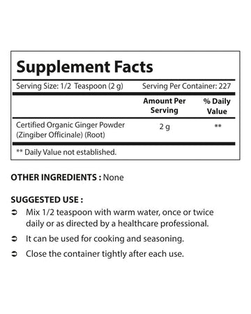 Nova Nutritions Certified Organic Ginger Root Powder 16 OZ (454 gm) - Also Called Zingiber officinale (Root)