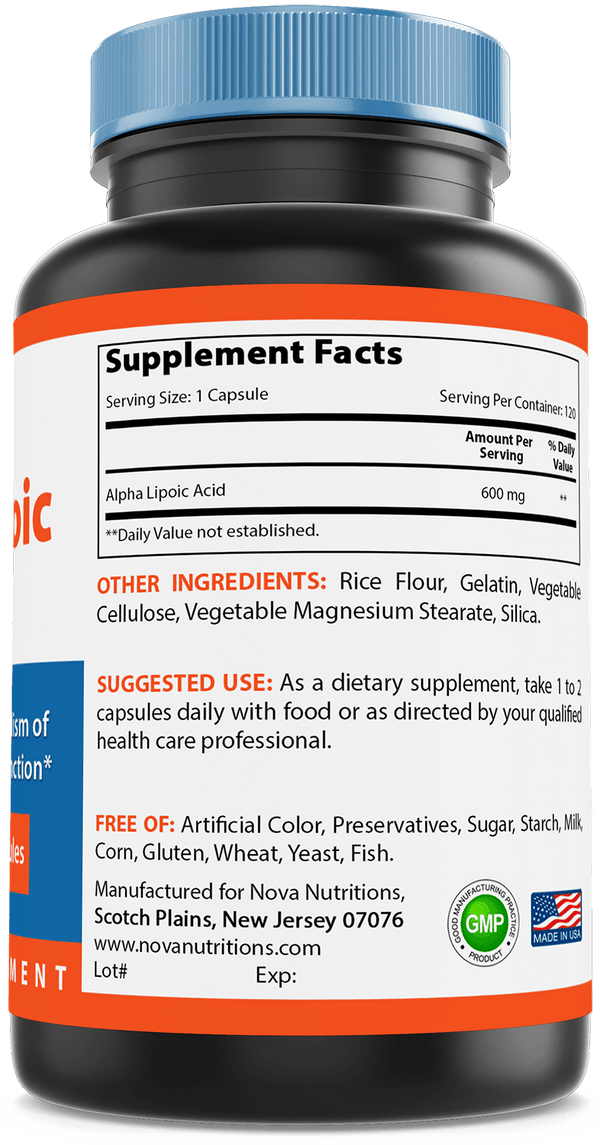 Nova Nutritions Alpha Lipoic Acid ALA 600 mg (Non-GMO) for Healthy Blood Sugar Support & Antioxidant Support, 120 Capsules - Nova Nutritions