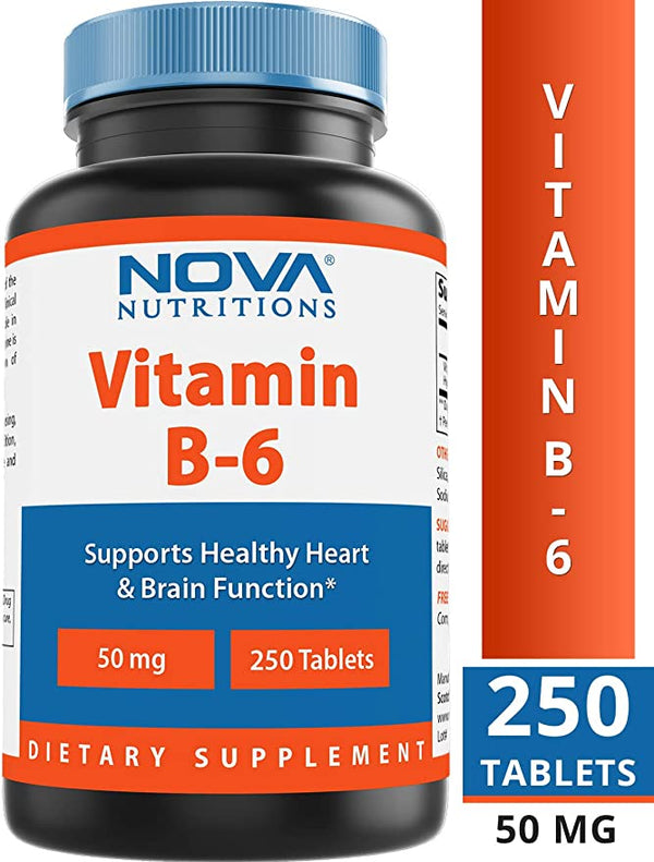 Nova Nutritions Vitamin B6 50 mg - Supports Healthy Nervous System, Metabolism & Cell Health - 250 Tablets