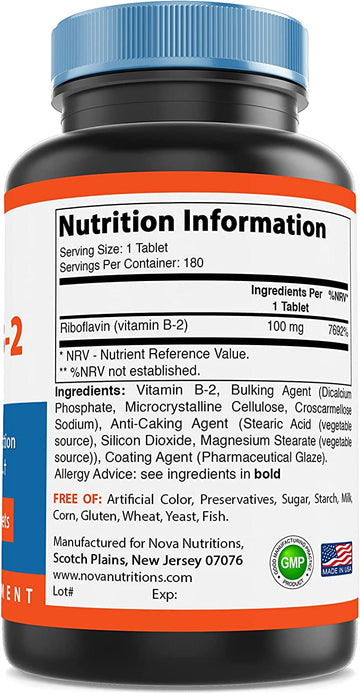 Nova Nutritions Vitamin B2 Riboflavin 100 mg 180 Tablets