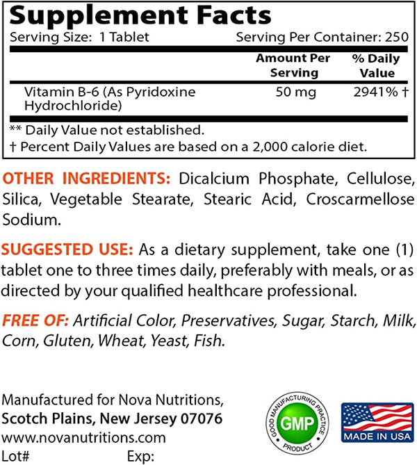 Nova Nutritions Vitamin B6 50 mg - Supports Healthy Nervous System, Metabolism & Cell Health - 250 Tablets