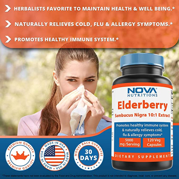Nova Nutrition's Elderberry Sambucus Nigra 10:1 Extract, 5000mg Equivalent, 120 Veg Capsules