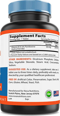 Nova Nutritions Vitamin B6 50 mg - Supports Healthy Nervous System, Metabolism & Cell Health - 250 Tablets