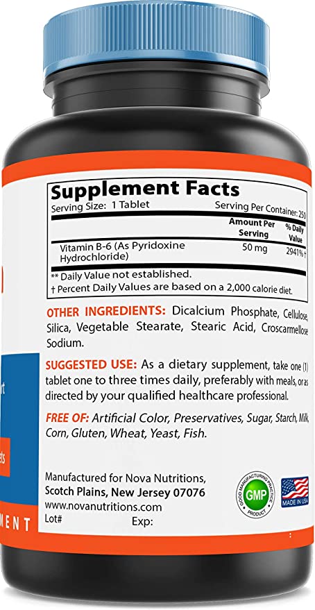 Nova Nutritions Vitamin B6 50 mg - Supports Healthy Nervous System, Metabolism & Cell Health - 250 Tablets