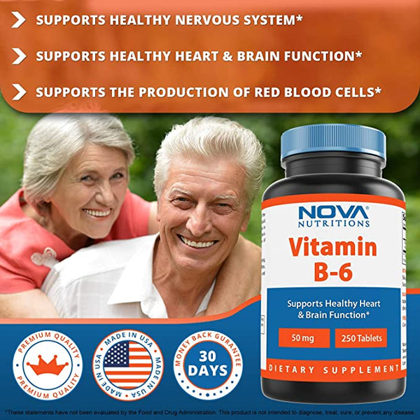 Nova Nutritions Vitamin B6 50 mg - Supports Healthy Nervous System, Metabolism & Cell Health - 250 Tablets
