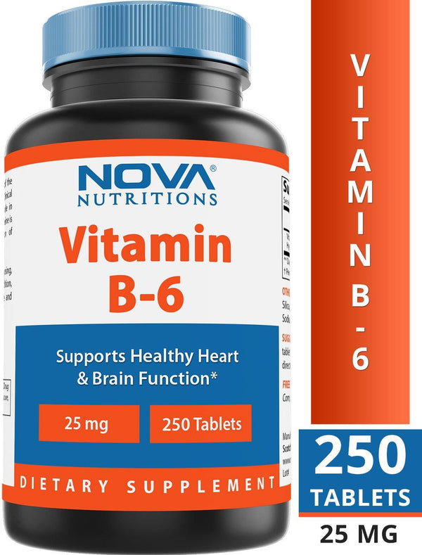 Nova Nutritions Vitamin B6 25 mg - Supports Healthy Nervous System, Metabolism & Cell Health - 250 Tablets - Nova Nutritions
