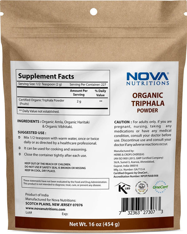 Nova Nutritions Certified Organic Triphala Powder 16 OZ (454 gm) - Supports Healthy Immune & Digestive Function.* - Nova Nutritions