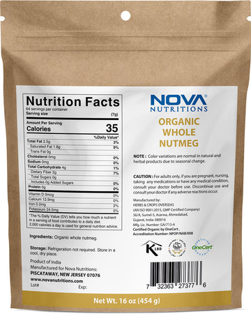 Nova Nutritions Nutmeg Whole - 3.5 OZ (100 gram) - Adds Aroma and Flavor