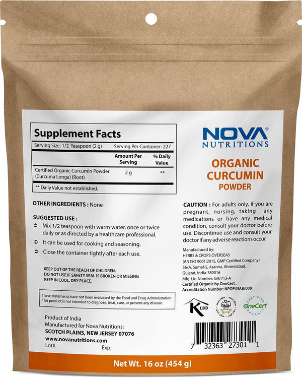 Nova Nutritions Certified Organic Turmeric Curcumin Root Powder 16 OZ (454 gm) - Curcuma Longa (Root) - Nova Nutritions