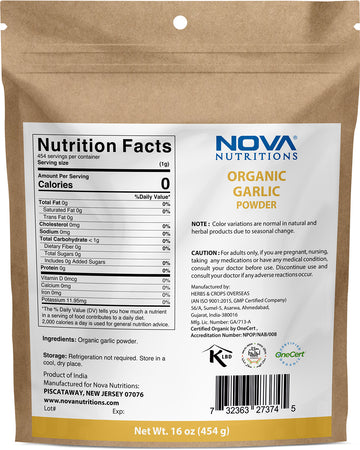 Nova Nutritions Certified Organic Garlic Powder (Allium sativum) - 16 OZ