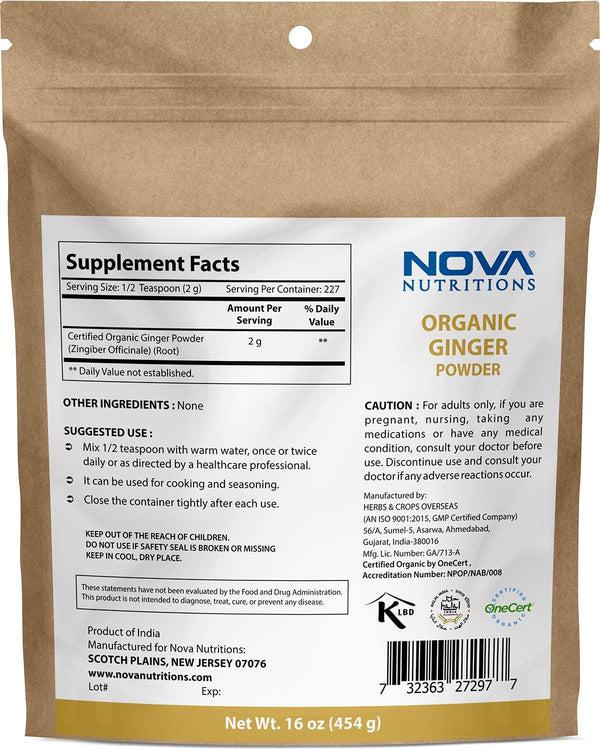 Nova Nutritions Certified Organic Ginger Root Powder 16 OZ (454 gm) - Also Called Zingiber officinale (Root) - Nova Nutritions
