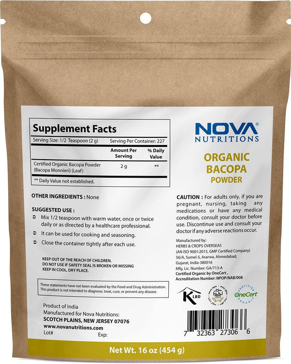 Nova Nutritions Certified Organic Bacopa Powder 16 OZ (454 gm) - Also Called Bacopa Monnieri (Leaf) - Nova Nutritions