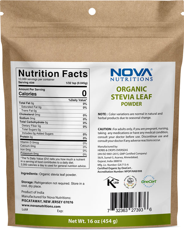 Nova Nutrition's Certified Organic Stevia Leaf Powder, 16 OZ (454 Gram), Zero-Calorie Sweetener