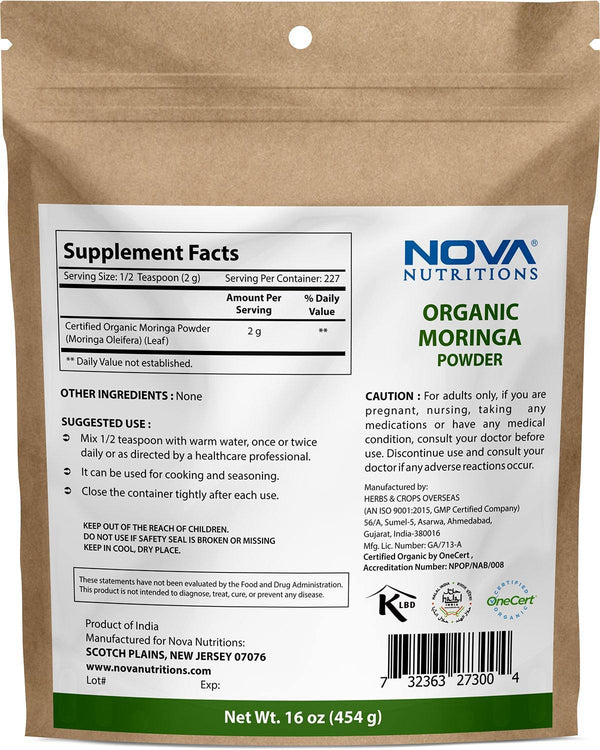 Nova Nutritions Certified Organic Moringa Oleifera Leaf Powder 16 OZ (454 gm) - Superfood Green Powder - Nova Nutritions