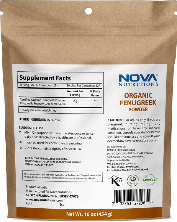 Nova Nutritions Certified Organic Fenugreek Seed Powder 16 OZ (454 gm) - Methi Seeds Ground - Trigonella Foenum Graecum - Nova Nutritions