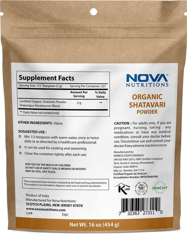 Nova Nutritions Certified Organic Shatavari Powder 16 OZ (454 gm) - Nova Nutritions