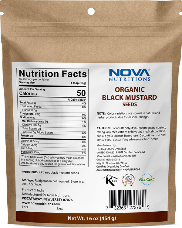 Nova Nutritions Certified Organic Black Mustard Seeds 16 OZ (454 gram)