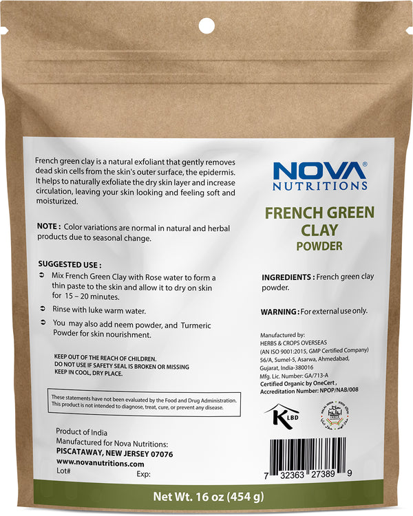 Nova Nutritions French Green Clay Powder 16 OZ (454 Gram) - for Facial Body Mask & Skin - Natural Regenerator