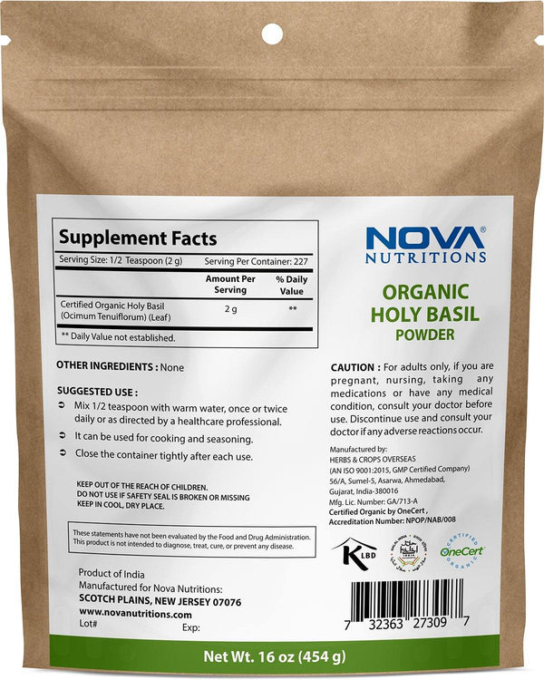Nova Nutritions Certified Organic Holy Basil (Tulsi) Powder 16 OZ (454 gm) - Supports Healthy Immune Function - Nova Nutritions