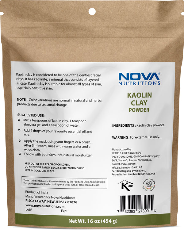 Nova Nutritions Kaolin Powder 16 OZ (454 Gram) - for Facial Body, Mask & Skin - Natural Regenerator
