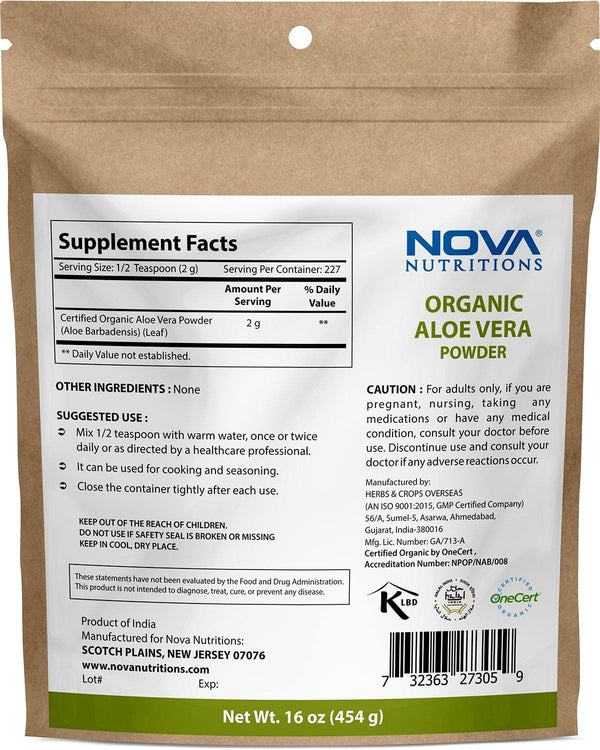 Nova Nutritions Certified Organic Aloe Vera Leaf Powder 16 OZ (454 gm) - Also Called Aloe Barbadensis - Nova Nutritions