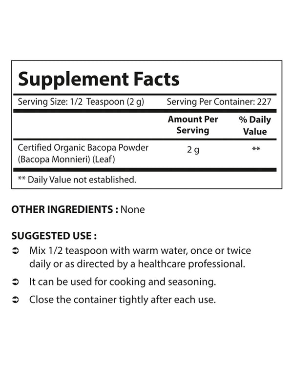 Nova Nutritions Certified Organic Bacopa Powder 16 OZ (454 gm) - Also Called Bacopa Monnieri (Leaf) - Nova Nutritions