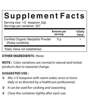 Nova Nutritions Certified Organic Manjistha Powder 16 OZ (454 gm)