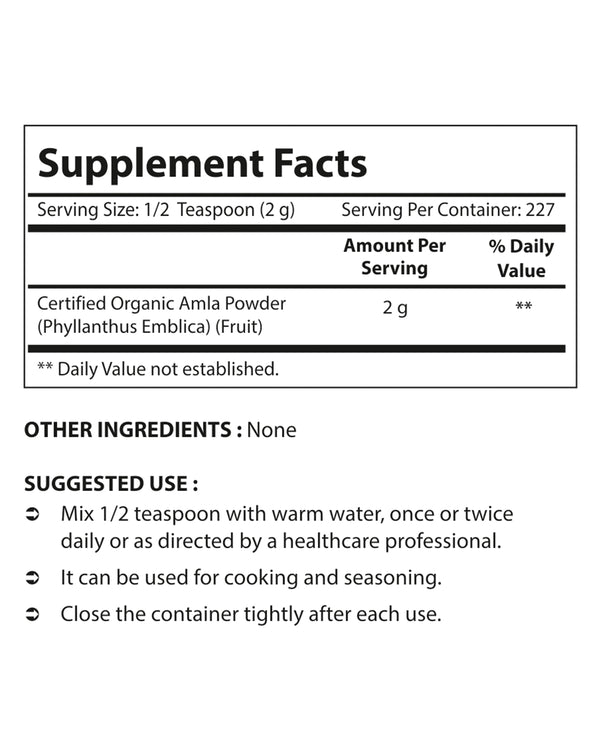 Nova Nutritions Certified Organic Amla Powder (Amalaki) 16 OZ (454 gm) - Rich in Antioxidant Vitamin C - Supports Healthy Immune Function