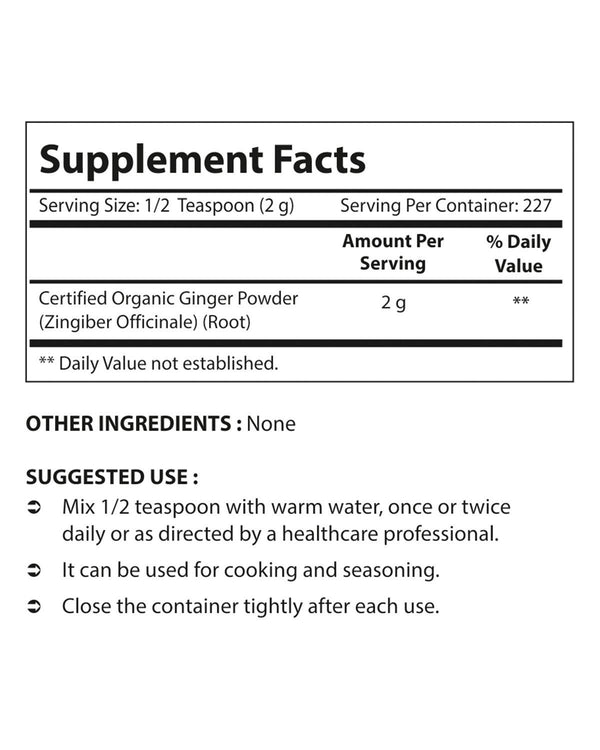Nova Nutritions Certified Organic Ginger Root Powder 16 OZ (454 gm) - Also Called Zingiber officinale (Root) - Nova Nutritions