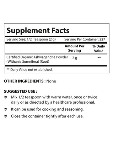 Nova Nutritions Certified Organic Ashwagandha Powder 16 OZ (454 gm) - Also Called Withania Somnifera