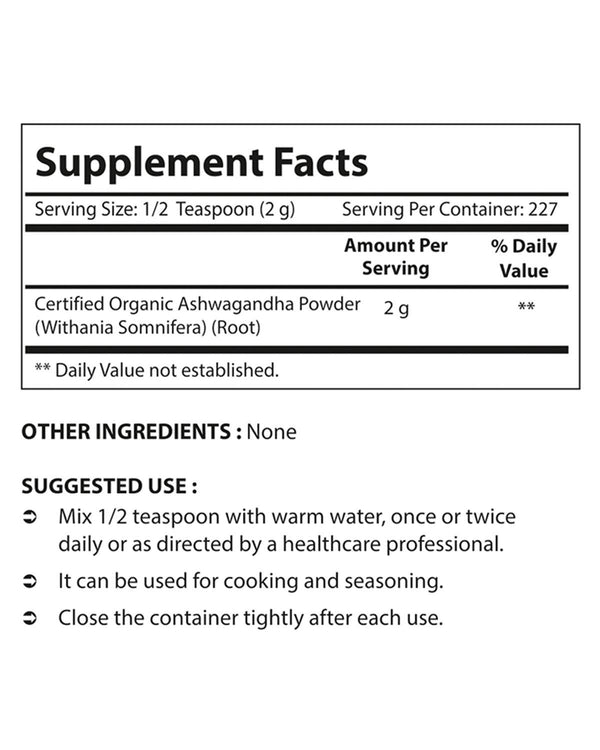 Nova Nutritions Certified Organic Ashwagandha Powder 16 OZ (454 gm) - Also Called Withania Somnifera - Nova Nutritions