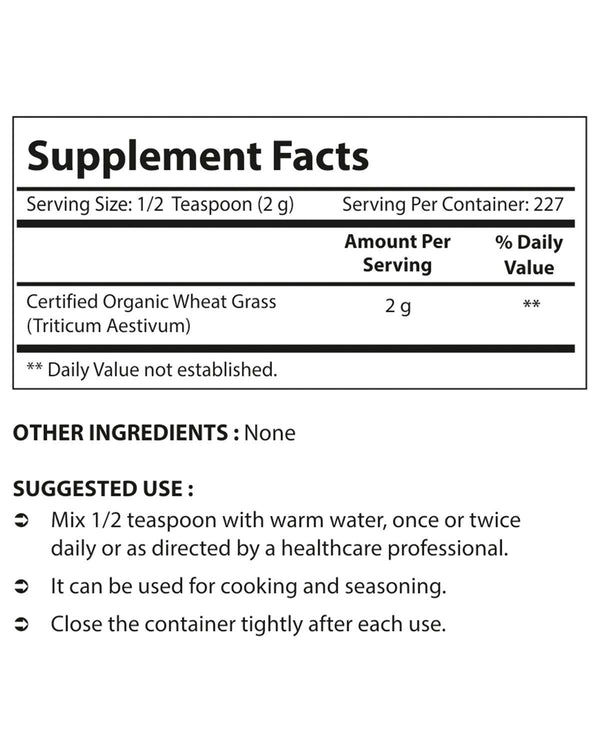 Nova Nutritions Certified Organic Wheat Grass Powder 16 OZ (454 gm) - Nutrient Rich Superfood - Nova Nutritions