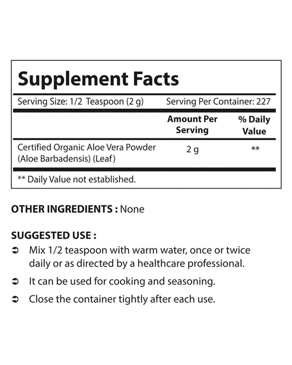 Nova Nutritions Certified Organic Aloe Vera Leaf Powder 16 OZ (454 gm) - Also Called Aloe Barbadensis - Nova Nutritions
