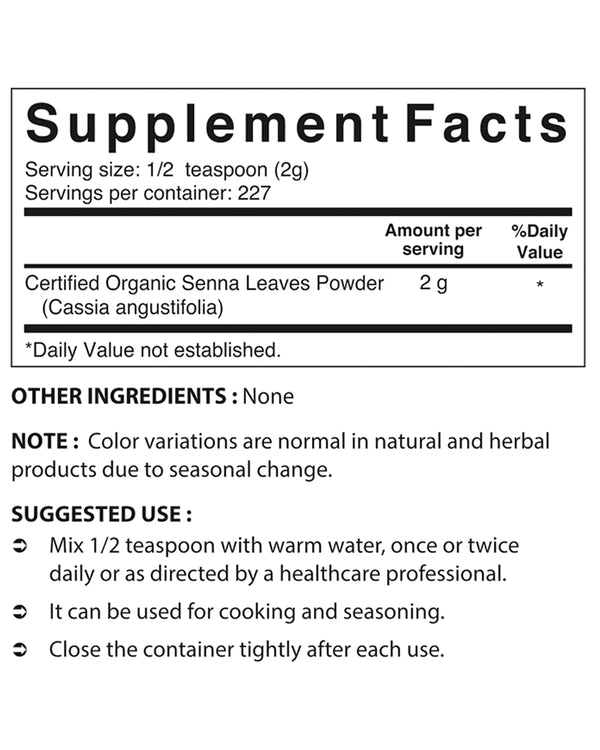 Nova Nutritions Certified Organic Senna Powder 16 OZ (454 Gram) - an Ayurvedic Herb