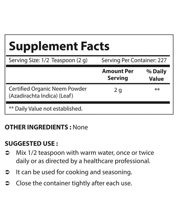 Nova Nutritions Certified Organic Neem Leaf Powder 16 OZ (454 gm) - Also Called Azadirachta Indica - Nova Nutritions