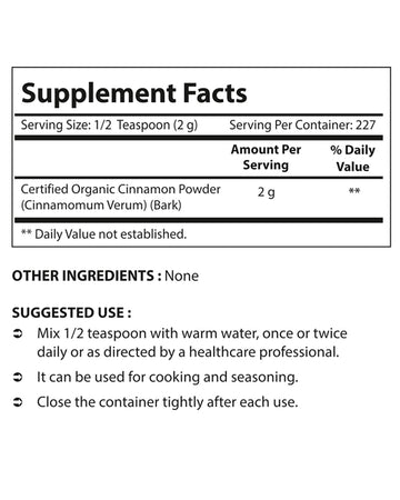 Nova Nutritions Certified Organic Cinnamon Powder 16 OZ (454 gm) - Cinnamomum Verum (Bark)