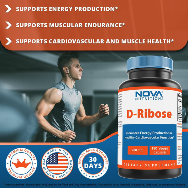 Nova Nutritions D-Ribose 700 mg Veggie Capsule - PROMOTES MUSCLE RECOVERY AND WORKOUT RECOVERY - 180 Count - Nova Nutritions
