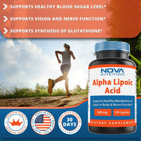 Nova Nutritions Alpha Lipoic Acid ALA 600 mg (Non-GMO) for Healthy Blood Sugar Support & Antioxidant Support, 120 Capsules - Nova Nutritions