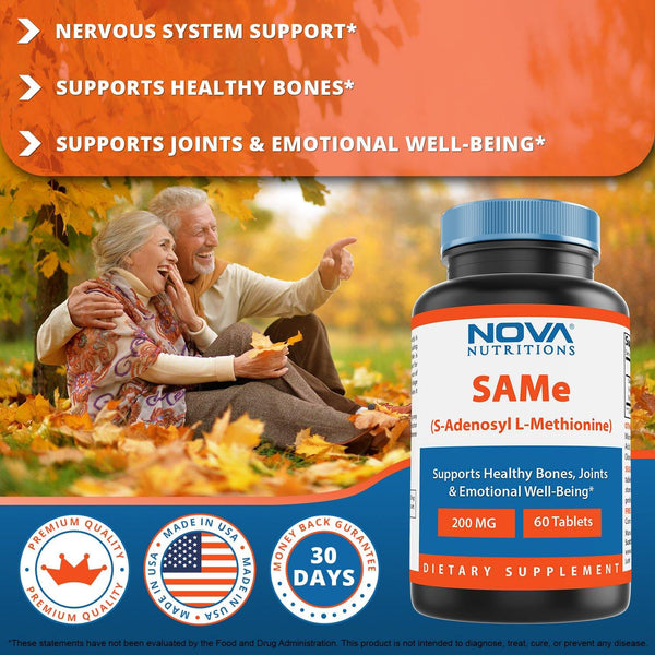 Nova Nutritions Same (S-Adenosylmethionine) 200mg - Promotes Positive Mood and Joint Comfort - (Genuine Same Supplement has Typical Smell of Naturally Occurring Sulfur in it), 60 Tablets - Nova Nutritions