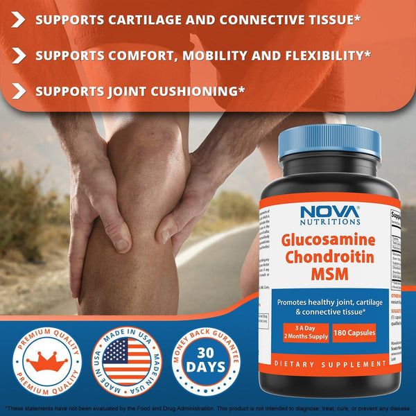 Nova Nutritions Triple Strength Glucosamine Chondroitin MSM 2600mg/Serving Capsules, Supports Healthy Joint, Cartilage and Connective Tissue - Promotes Joint Comfort & Flexibility 180 Count - Nova Nutritions