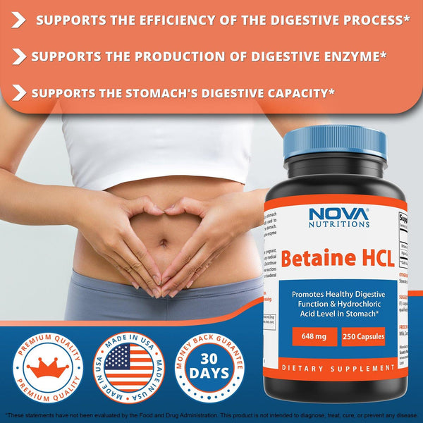 Nova Nutritions Betaine HCL with Pepsin Digestive Enzyme 648 mg 250 Capsules - Tested For Quality and Safety, Gluten Free and Non-GMO - Nova Nutritions