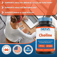 Nova Nutritions Choline Bitartrate 650 mg 180 Tablets - Promotes Cognitive function - Nova Nutritions
