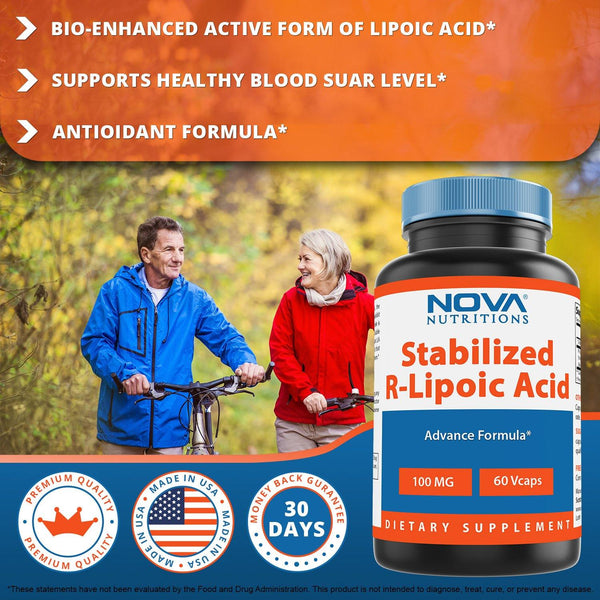 Nova Nutritions R-Lipoic Acid 100mg Veggie Capsule - R Alpha Lipoic Acid Maintains healthy blood sugar level - 60 Count - Nova Nutritions