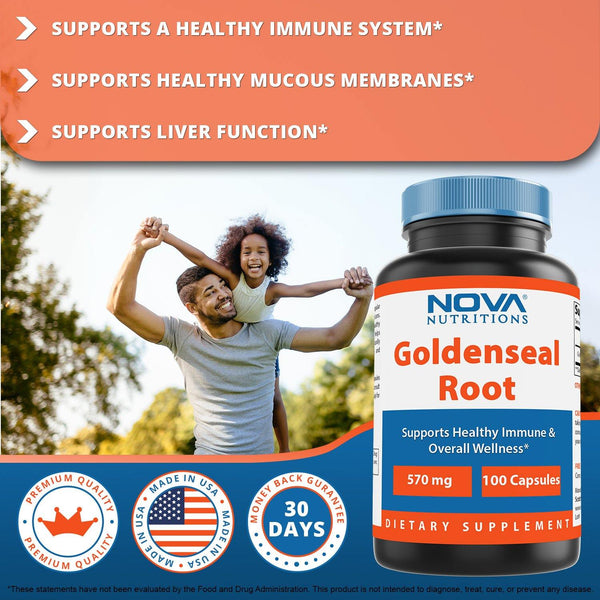 Nova Nutritions Goldenseal Root 570mg (Non-GMO) Capsules, Promotes Healthy Immune & Overall Wellness, 100 Count - Nova Nutritions