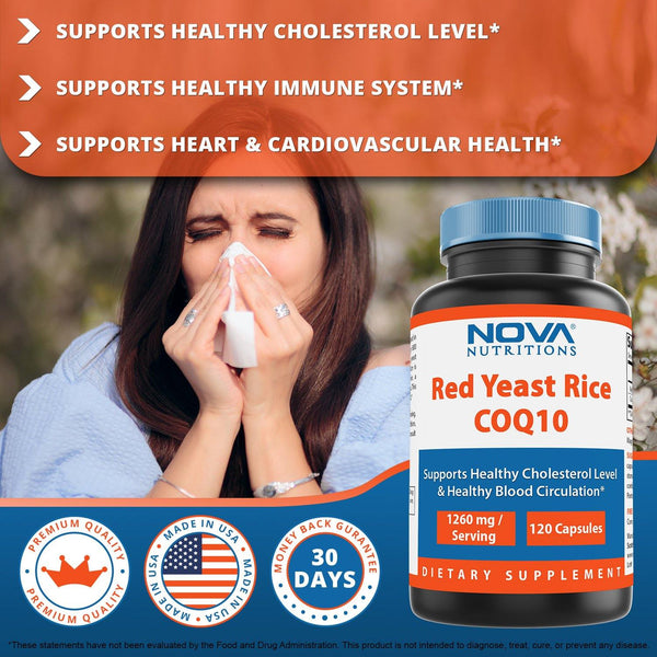 Nova Nutritions Red Yeast Rice 1200 mg. - COQ10 60 mg (Citrinin Free) for Cholesterol Support Capsules 120 ct - Nova Nutritions