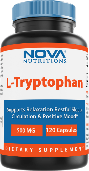 Nova Nutritions L-Tryptophan 500 mg 120 Capsules - Tryptophan Supplements for Natural Sleep Aid, Stress Relief, Circulation & Immune Support