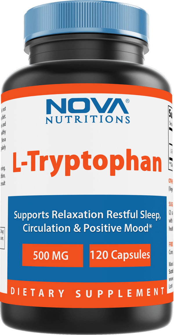 Nova Nutritions L-Tryptophan 500 mg 120 Capsules - Tryptophan Supplements for Natural Sleep Aid, Stress Relief, Circulation & Immune Support - Nova Nutritions