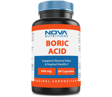 Nova Nutritions Boric Acid Vaginal Suppositories - 100% Pure Made in USA - USP Medical Grade Fine Powder, Easy Dissolve, Third Party Tested - 60 Count