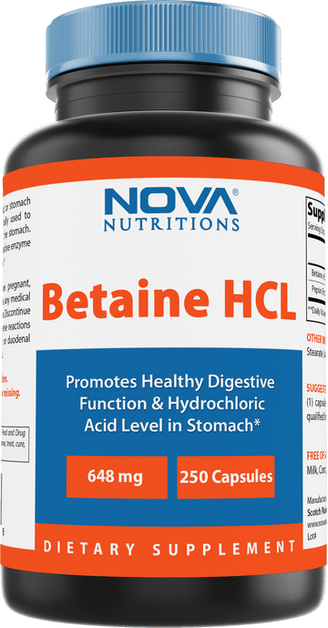 Nova Nutritions Betaine HCL with Pepsin Digestive Enzyme 648 mg 250 Capsules - Tested For Quality and Safety, Gluten Free and Non-GMO