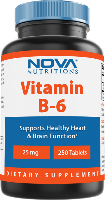 Nova Nutritions Vitamin B6 25 mg - Supports Healthy Nervous System, Metabolism & Cell Health - 250 Tablets